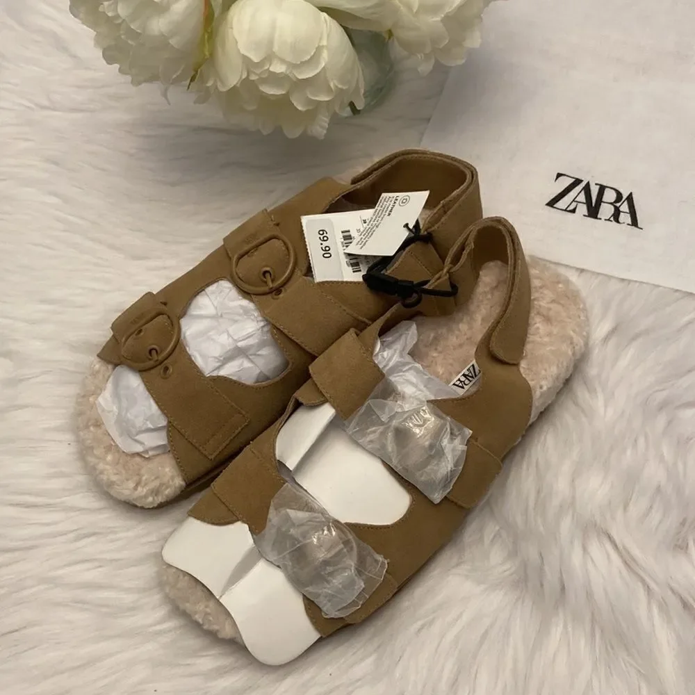 Zara Brown Leather Buckled Flat Sandals Shoes - Picture 10 of 11